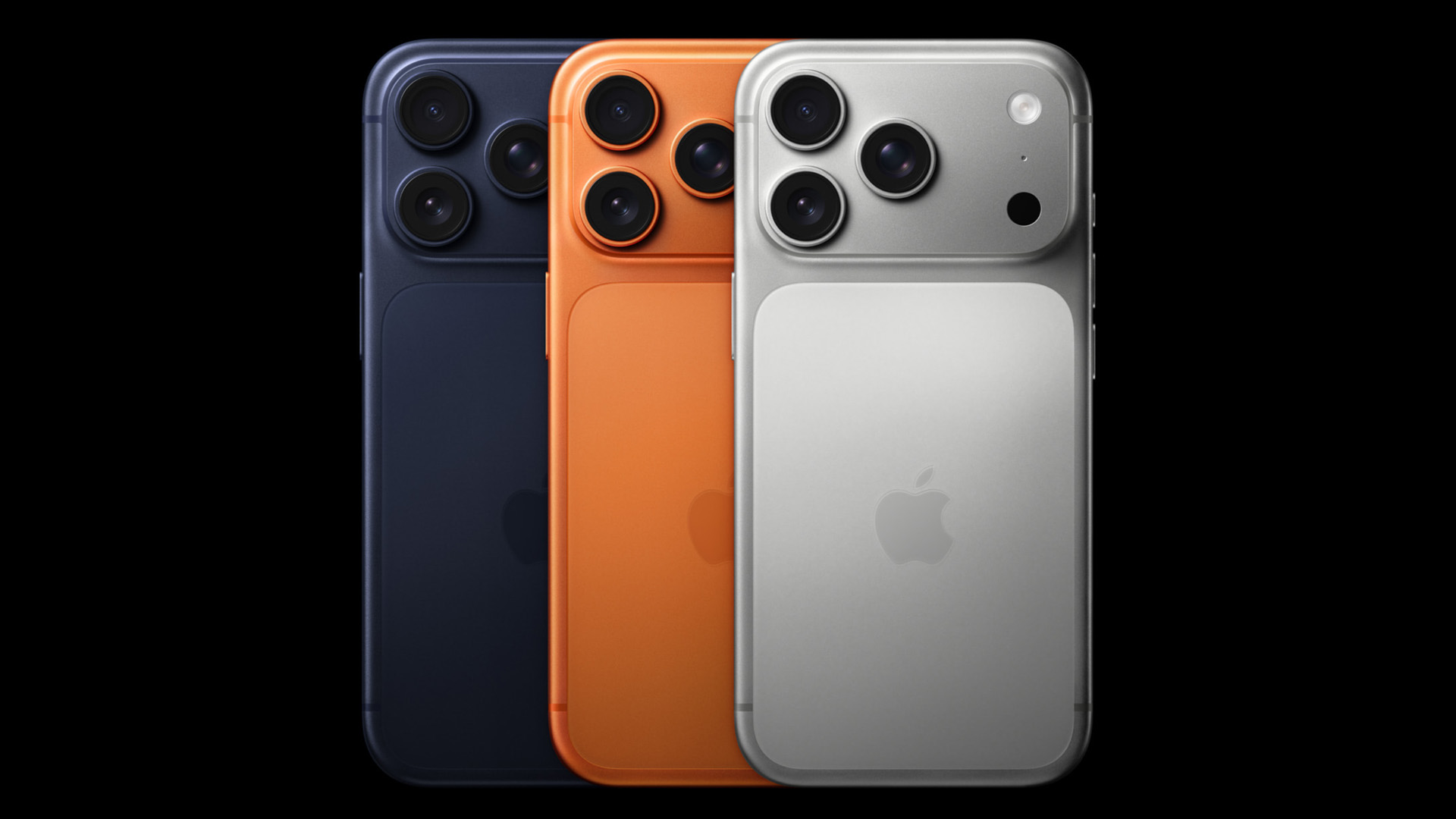 Iphone 17 pro u tri boje na crnoj pozadini s novim dizajnom i paletom boja.