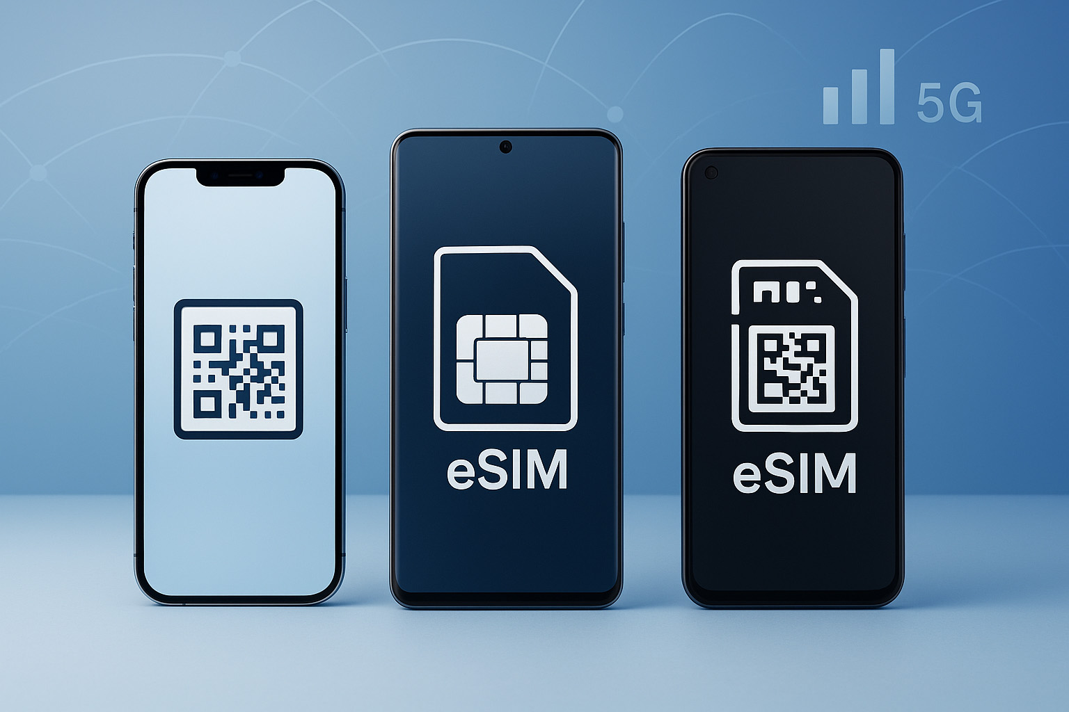 Vodič za aktivaciju eSIM profila Hero fotografija pametnih telefona s prikazom eSIM ikone i QR koda koji simbolizira digitalnu SIM karticu